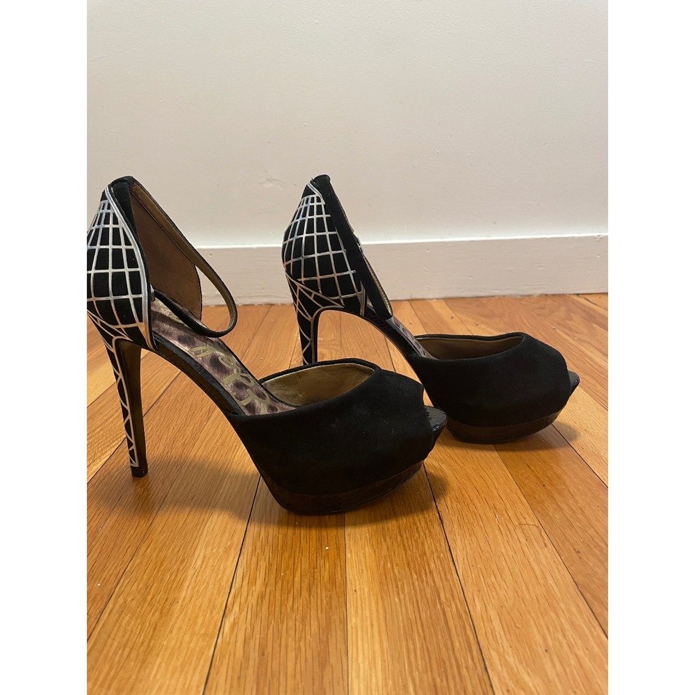 Sam Edelman Paulette Heels Y2K Black‎ Suede Platform Ankle Strap Size 8.5 EUC